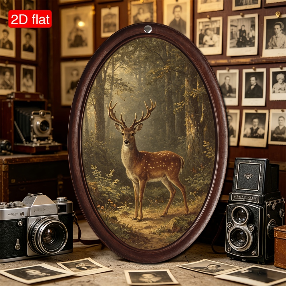 TEMU 2d Flat, 1pc Oval Picture Frame Forest Deer Oil Painting, Farmhouse Wall Art, Country Style Wall Decor, Entrance, Bedroom Living Room Art Sign,