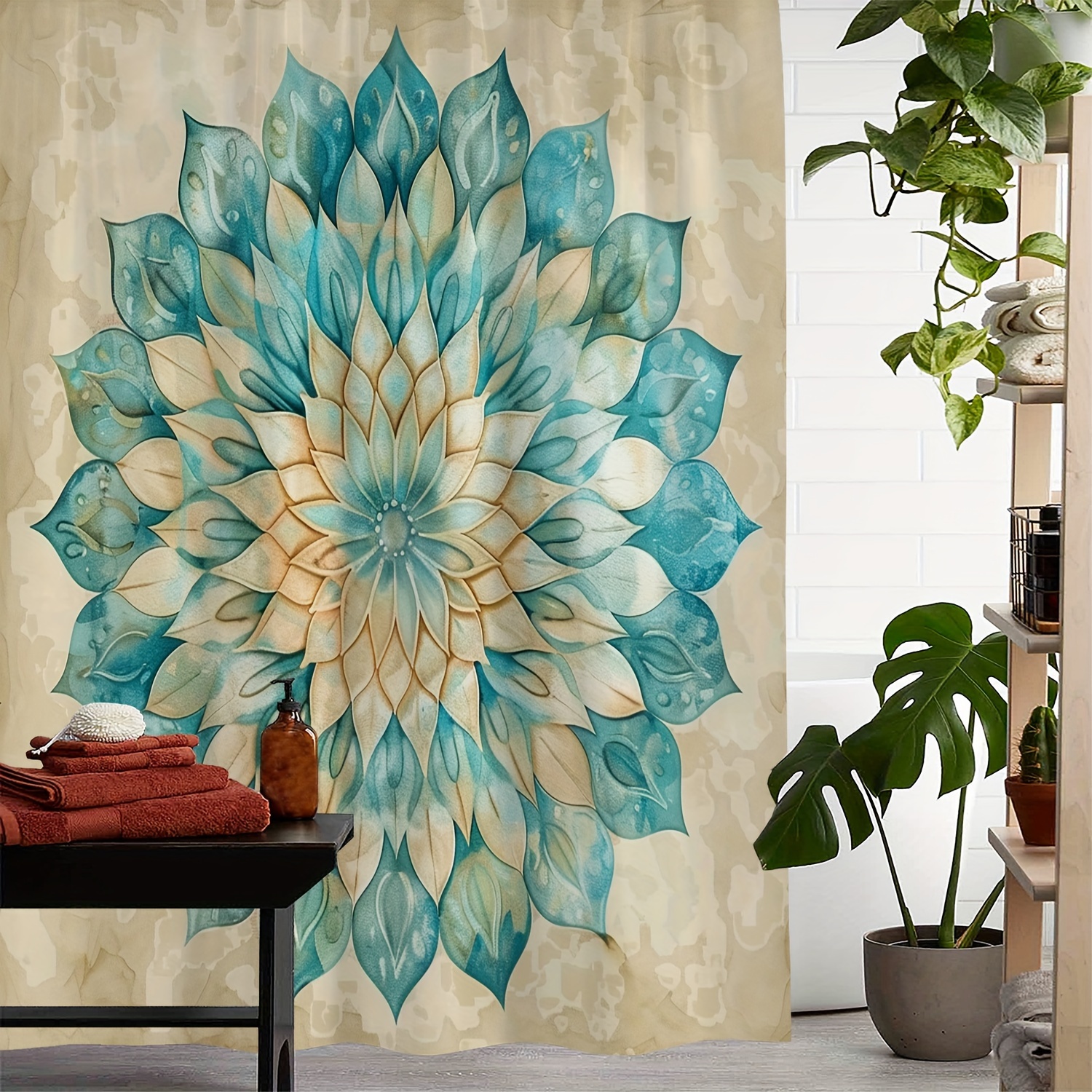 

1pc Vintage Mandala Print Waterproof Shower Curtain With 12 Hooks, 72x72 Inches, Versatile Use As Curtain For Windows, Blue & Beige Artistic Design For Bathroom Decor