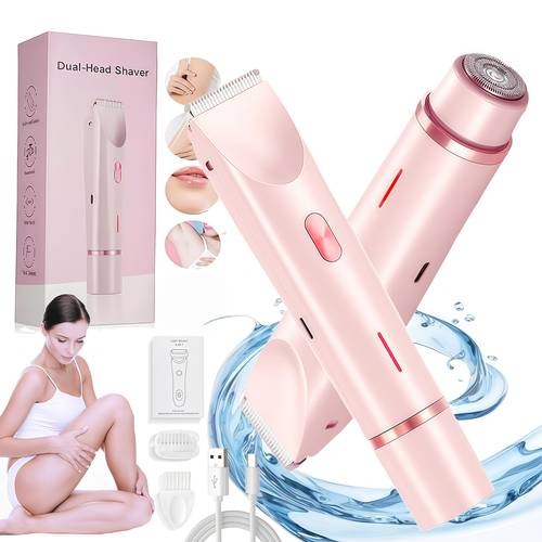 2 in 1 pink dual head bikini trimmer for women electric shaver for wet dry use body hair remover for bikini under legs face with long usb rechargeable hypoallergenic blades facial hair removal ergonomic grip adjustable trimmer