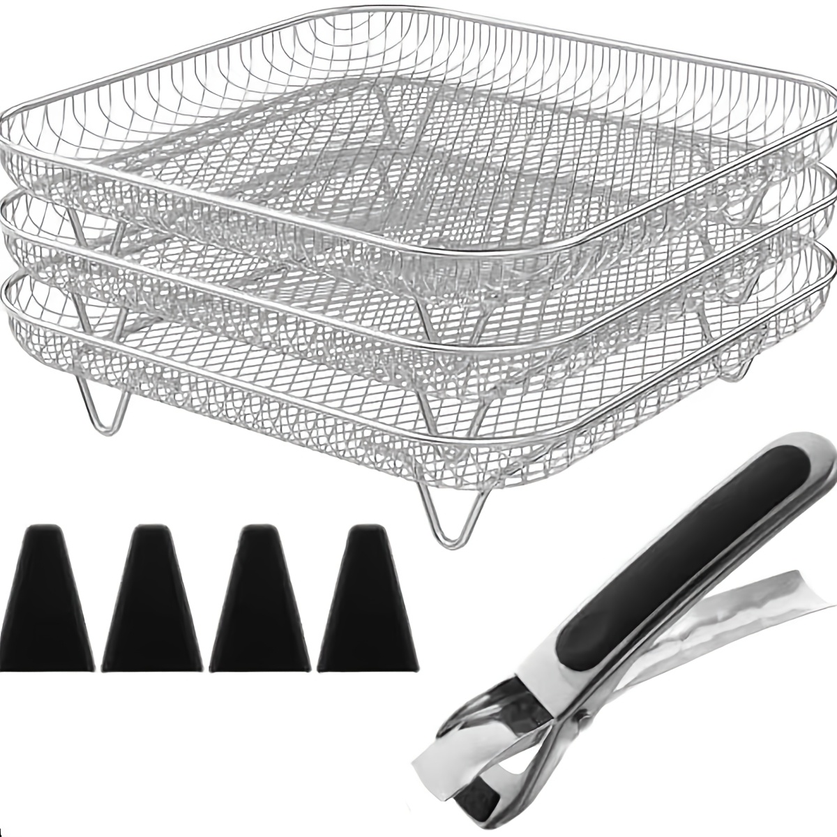 TEMU 3pcs Square Air Fryer Rack Set With 1 Heat-resistant Tong And 4 Non-slip Feet. Features A Mesh Perforated -around Ventilation, Ensuring Heat