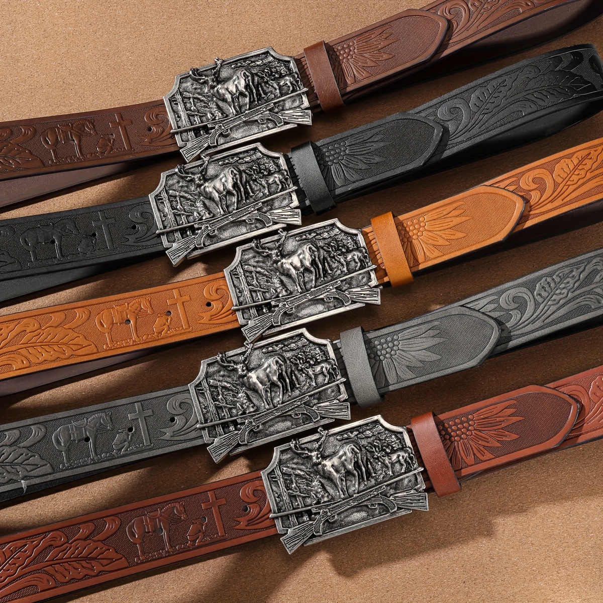Xuniea Cintura da Cowboy Occidentale in Pelle per Uomo con Fibbia in Rilievo Vintage con Incisione Floreal (Nero,43 Pollici,undefined