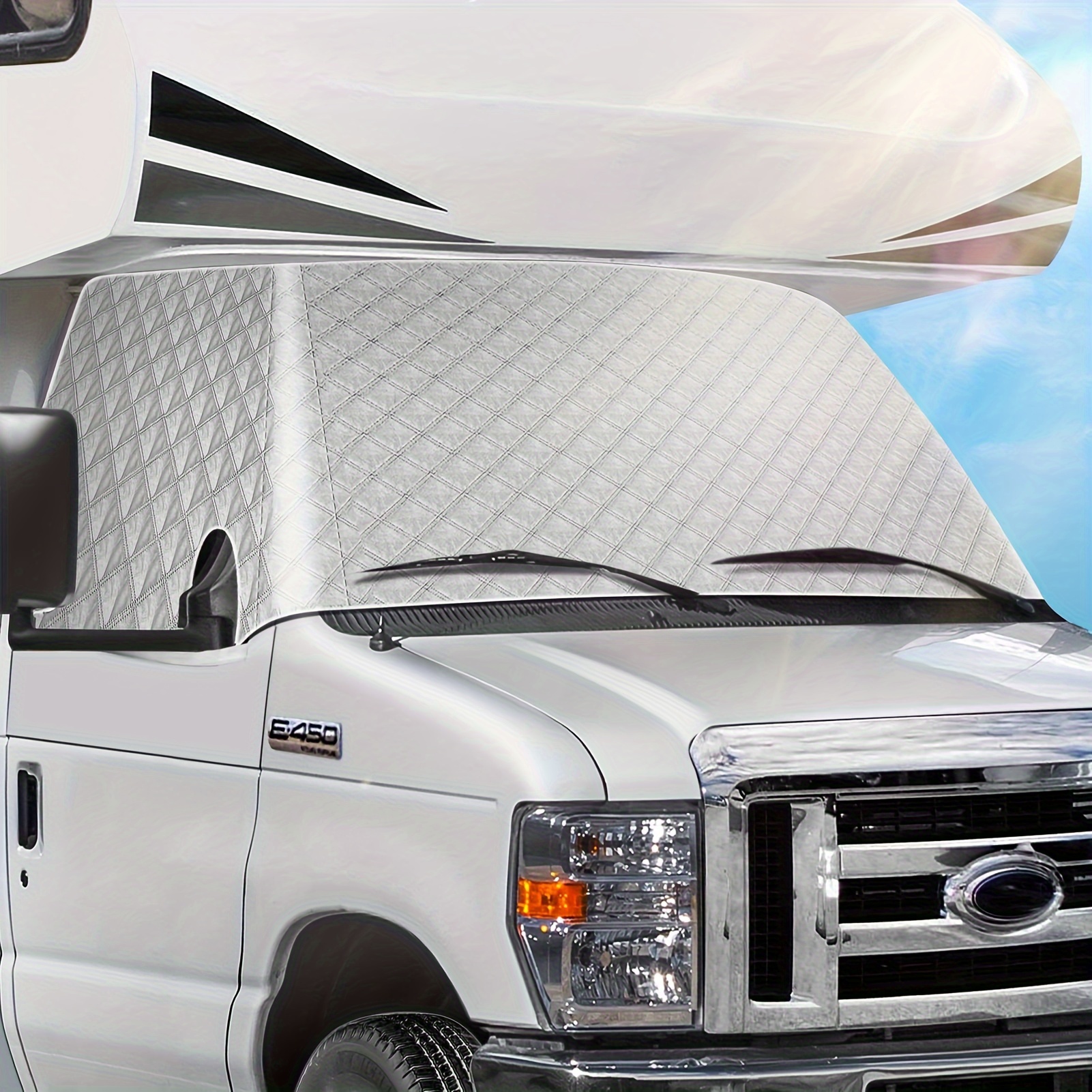 

Rv Front Windshield Cover Compatible C Ford E450 1997-2024, Snow Cover, 4 Layers Water-resistant Block Out 99% Of Uv Rays Lower Interior Temperature, With Mirror Cutouts Silver