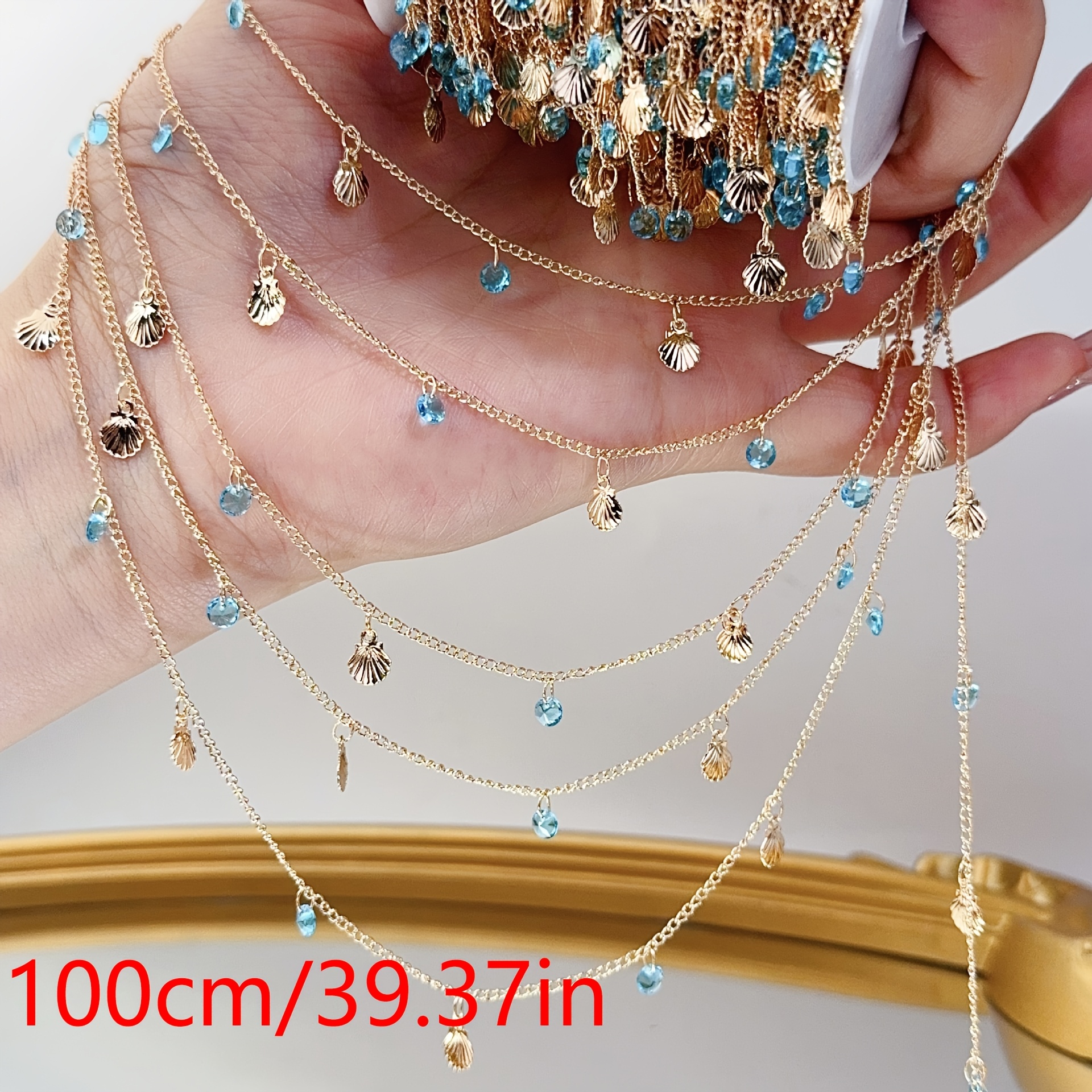 TEMU Cadena colgante de 1 metro con concha de vidrio azul , estilo oceánico, con borlas, adornos para joyería, cadena para joyas