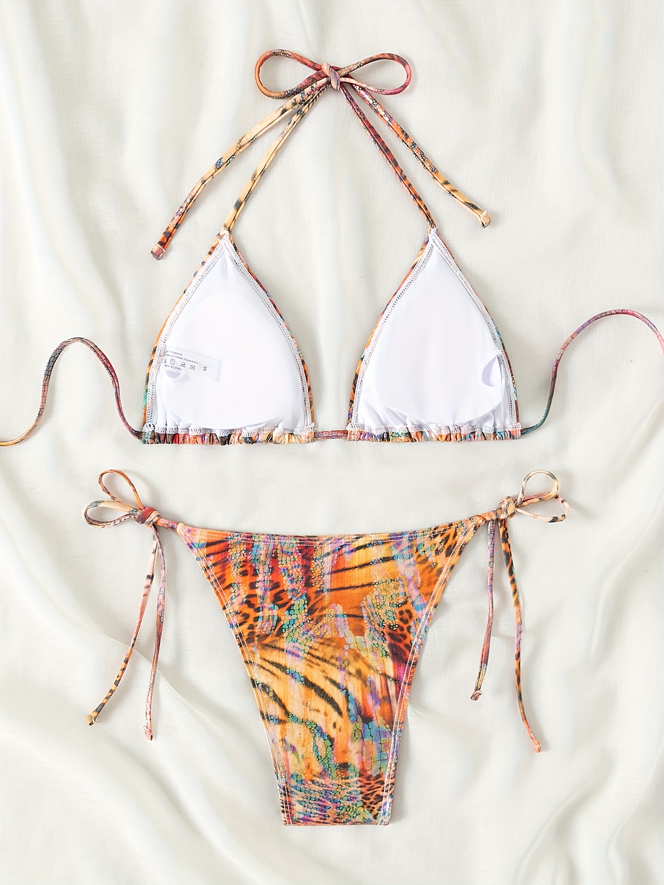 Animal Skin Print 2 Piece Set Bikini, Halter V Neck Tie Back Backless High Cut Tie Side Swimsuits, Women's Swimwear & Clothing Triangle Top