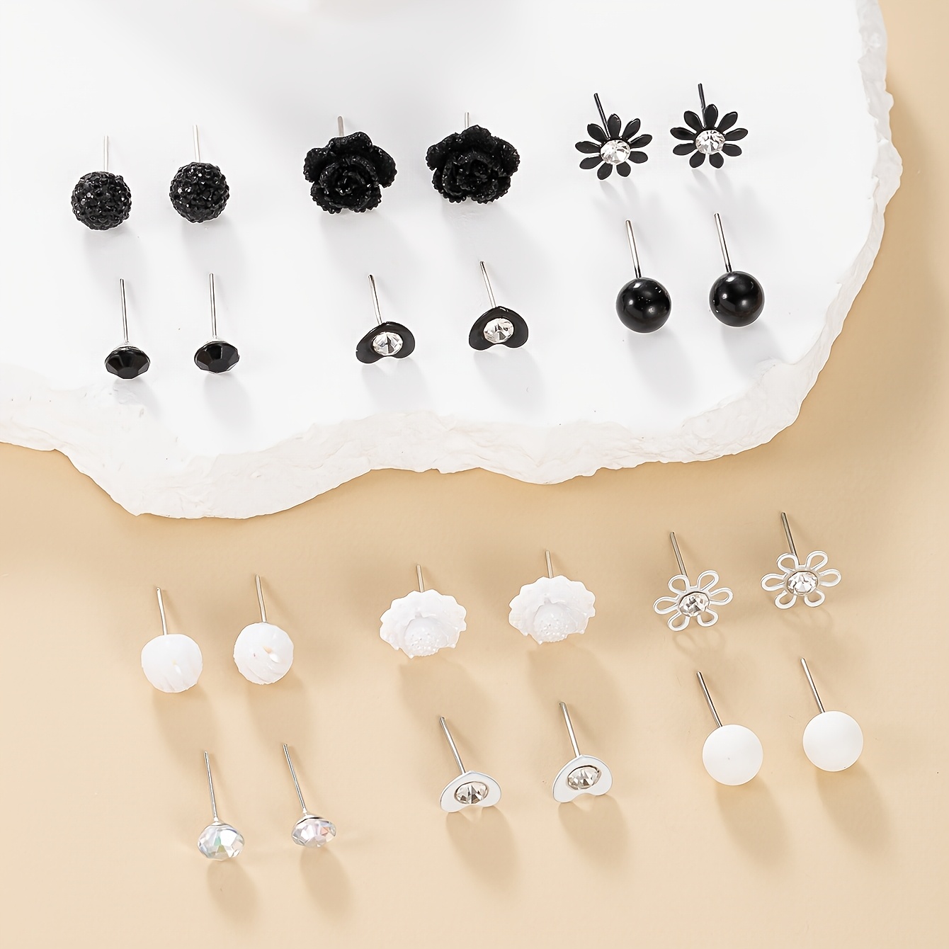 12-Pair Large Pack Small Simple Earrings, Heart & Round Flower Studs