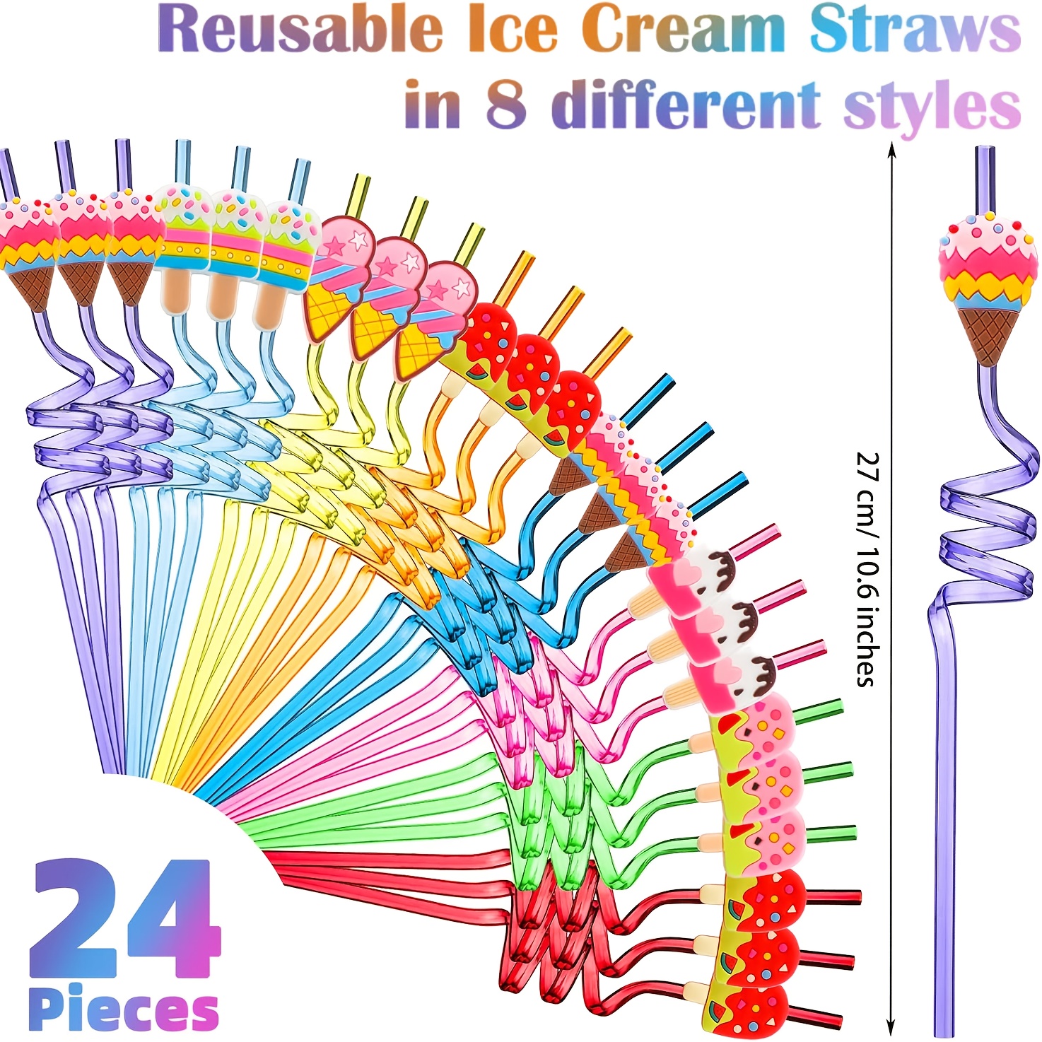 TEMU 24 Reusable Ice Cream Straws For Birthday Parties | Party Favors, Food-grade Plastic Fun Shaped Straws