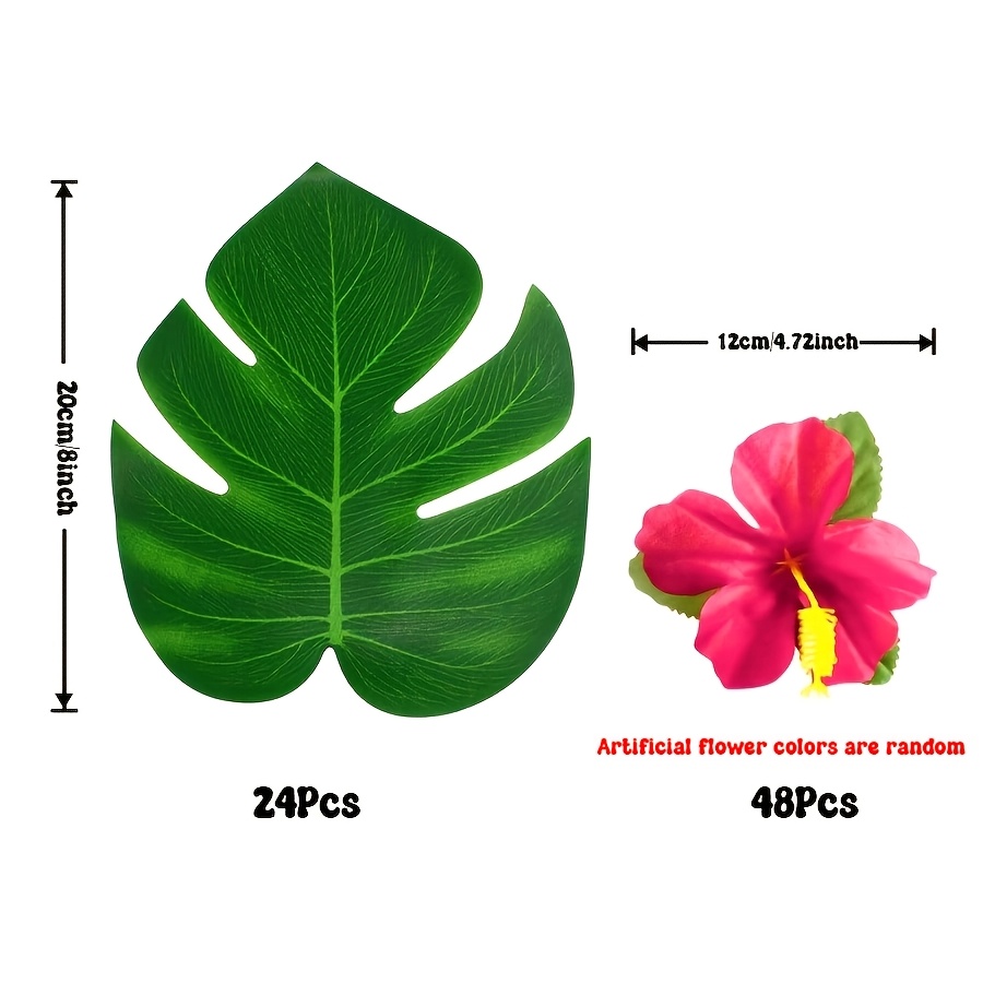 Image of 72pcs Tropical Simulation Flowers Party Decoration Supplies, Leaves Hibiscus Flowers Artificial Leaves, Suitable For Hawaiian Party Theme Bbq Birthday Party Table Decoration (random Simulation )