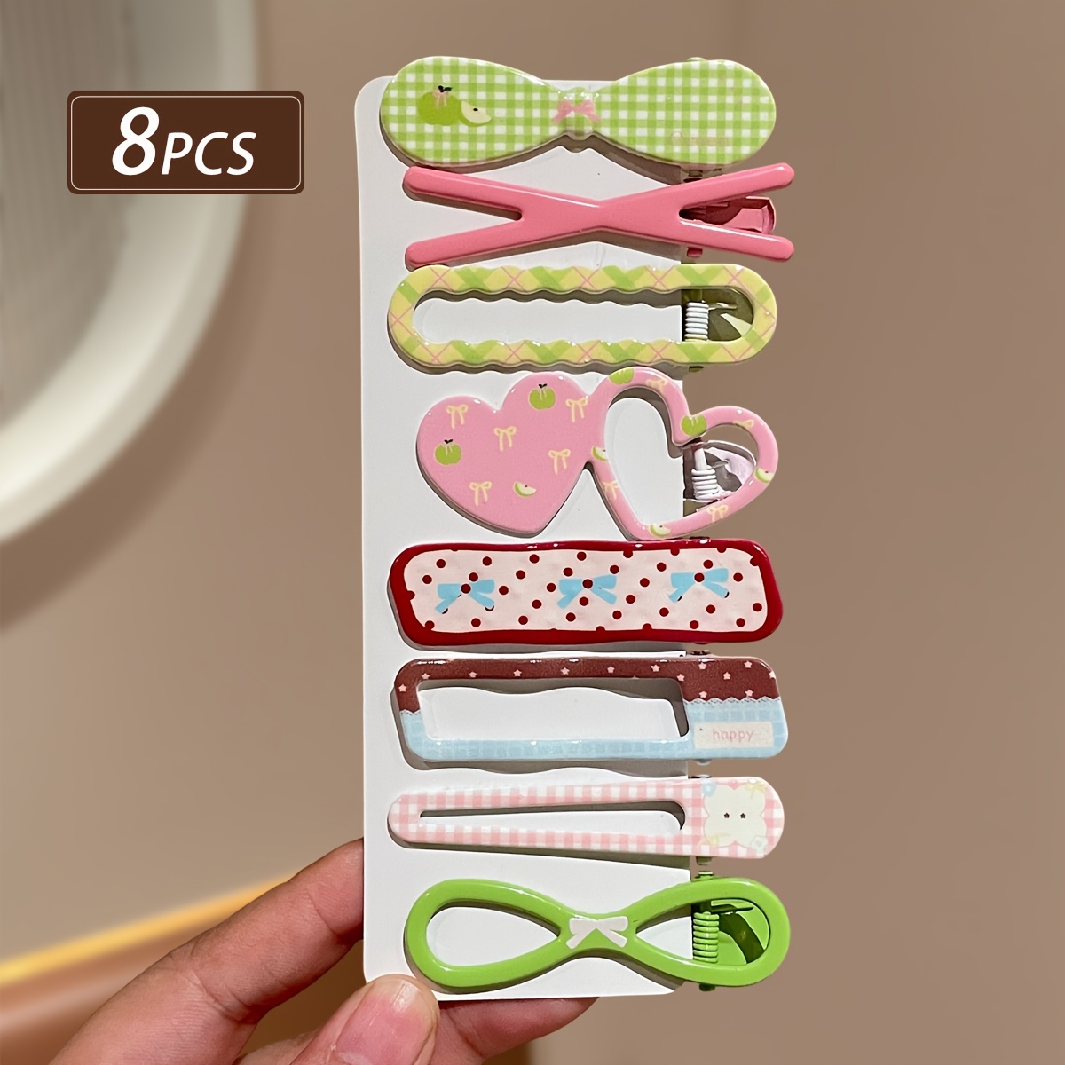 TEMU 8pcs Set Of Cute Mixed Style Hair Clips For Women, Plaid Bow And Heart Cut-out Bb Clips, Versatile Side Bang Clips, Recommended As A Gift