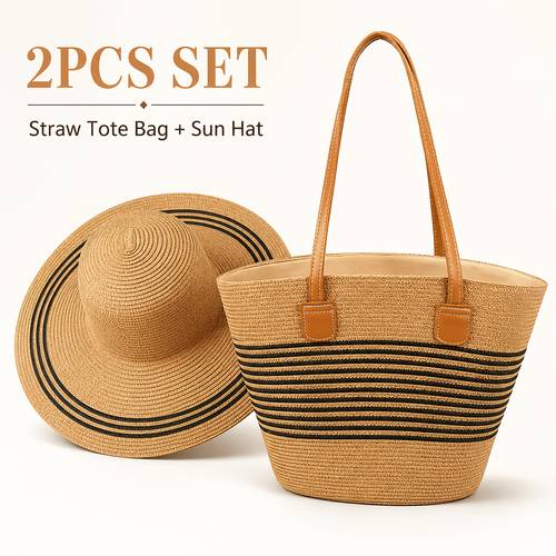 2pcs womens straw tote bag wide brim sun hat set lightweight woven shoulder bag with sun hat summer beach vacation travel resort pool picnic shopping cruise holiday accessories