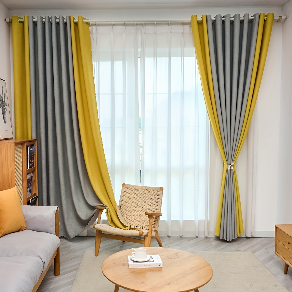Image of 1pc Classic Gray & Yellow Fabric Curtain - Light-blocking, Machine Washable, Cordless Design For Bedroom & Living Room Decor, Curtains For Living Room