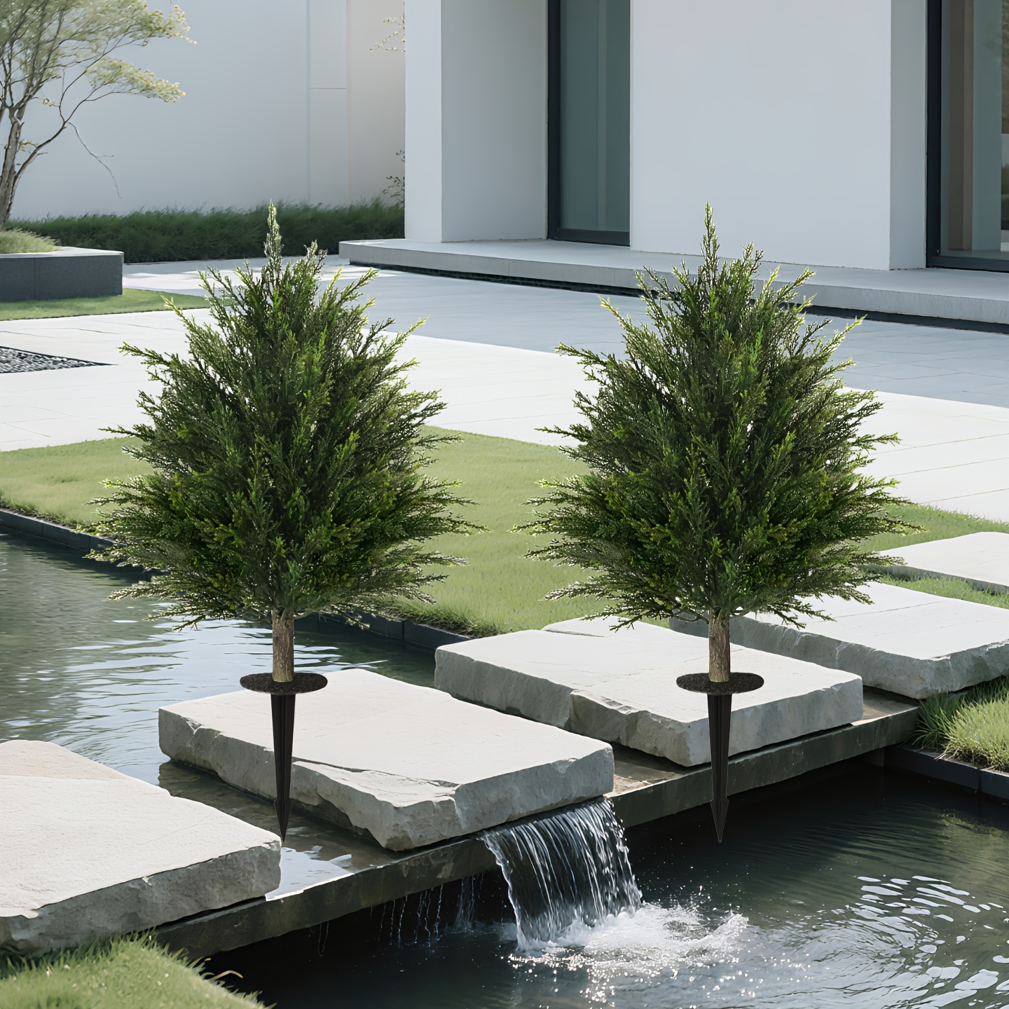 TEMU 2 22in Pyramid Shape Artificial Cedar Topiary Trees With Sturdy Ground Spike, Uv-resistant Evergreen Shrubs, Instant Classic Decor For Outdoor
