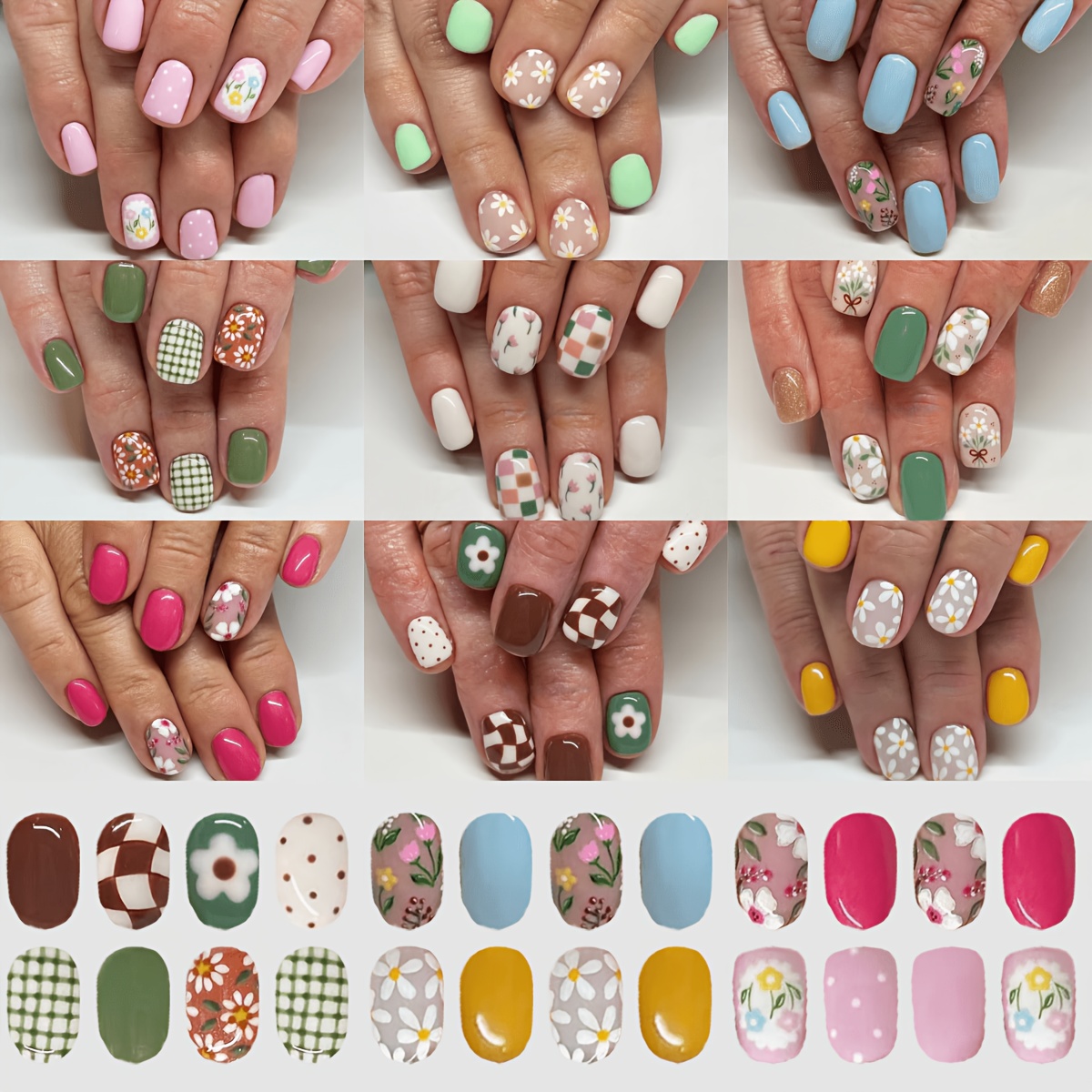 TEMU 216pcs Colorful Flower Press On Nails Suitable For Valentine's Day, Short Square Fake Nails With Glossy & Flower Grid Tips, 12 Sizes Manicure