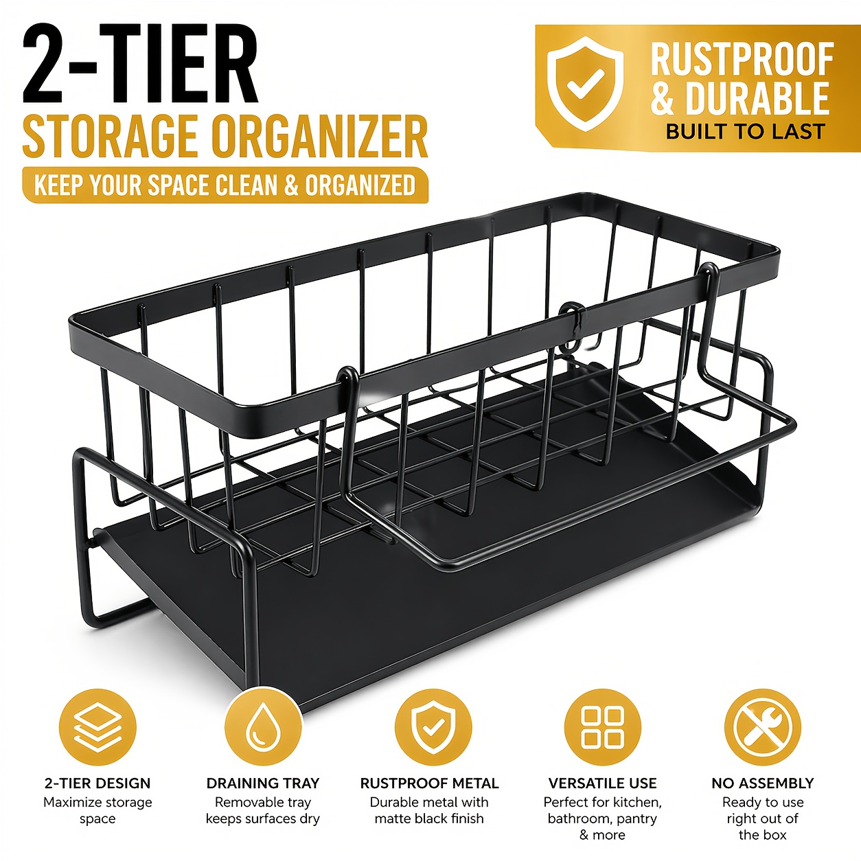 TEMU Panier de rangement multifonctionnel pour évier de cuisine, organisateur pour savon à vaisselle et éponge avec bac d'égouttage, support de