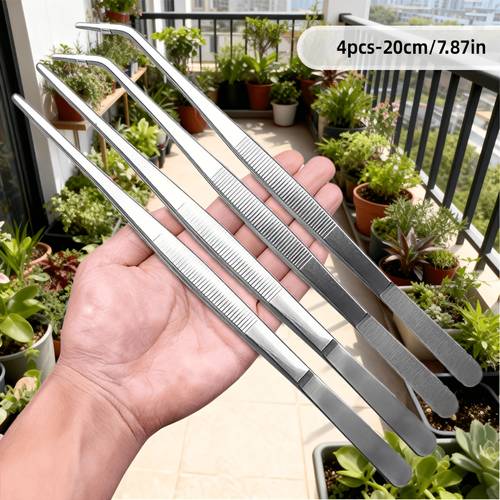 20cm 4pcs stainless steel long tweezers set straight and curved tips multi functional stainless steel plant cleaning tweezers long pliers durable and sturdy suitable for bonsai care aquarium maintenance home and office use handy planting tool