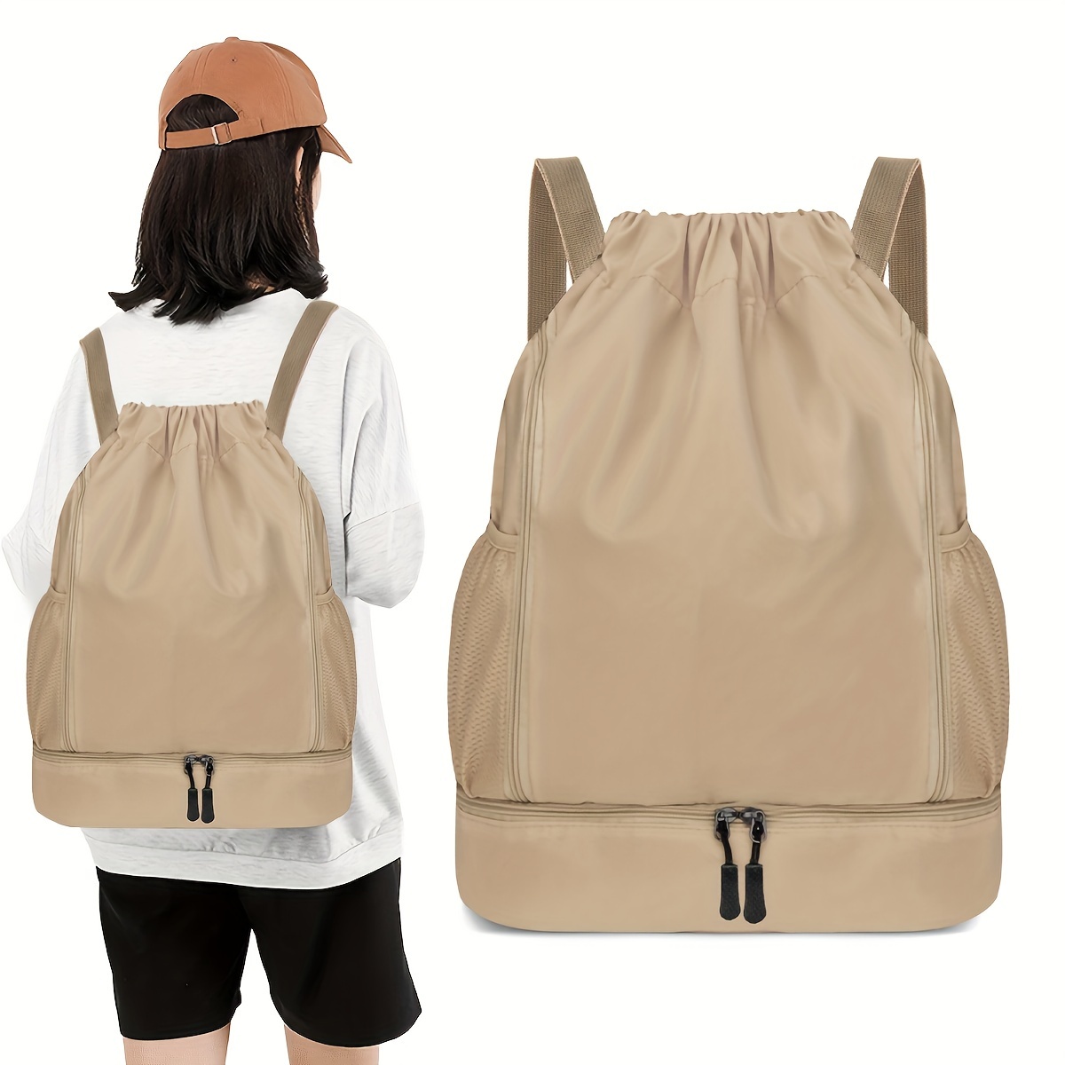 

Lightweight Nylon Drawstring Backpack, Unisex Casual Sports Rucksack With Side Pockets, Outdoor Hiking And Gym Bag