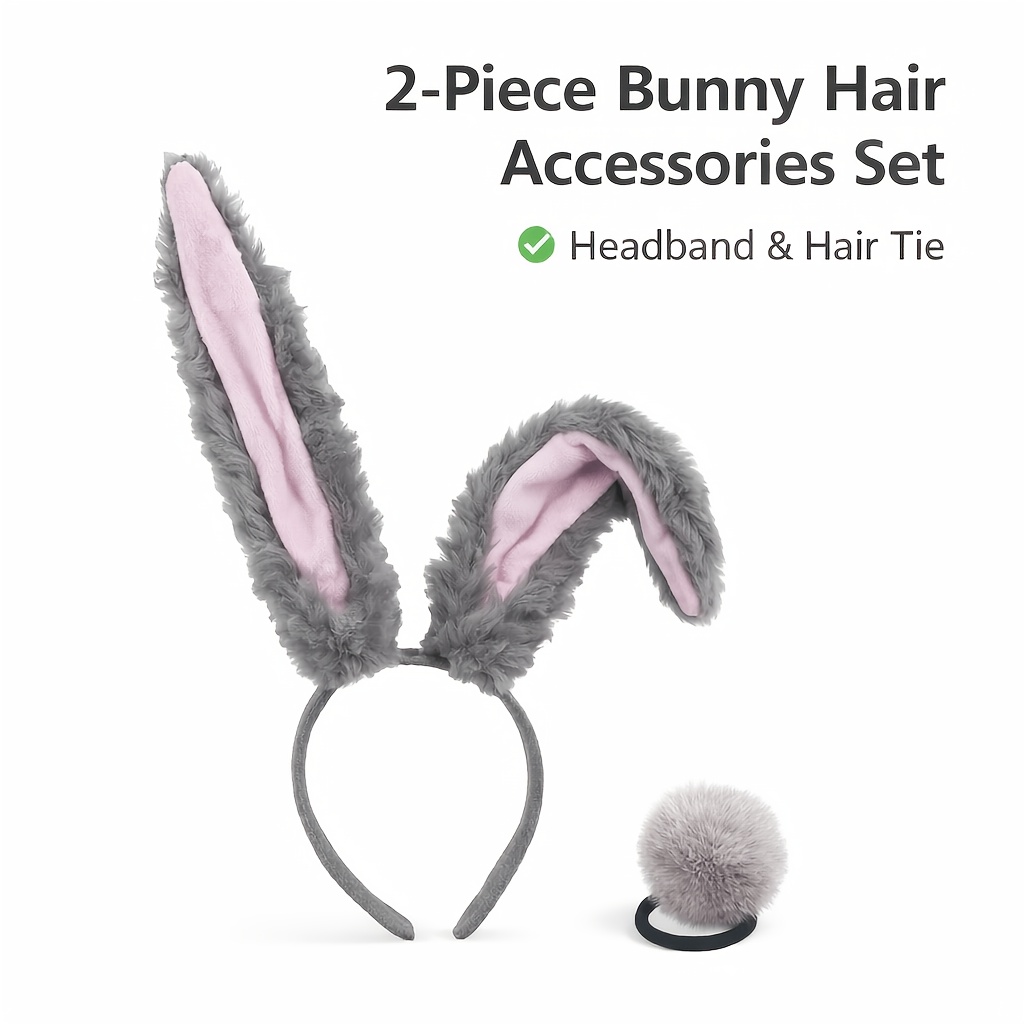 TEMU [2pcs Set] Accessory Combination, Plush Rabbit Ear Headband And Hair Tie, Options, Suitable For Parties And Daily Wear