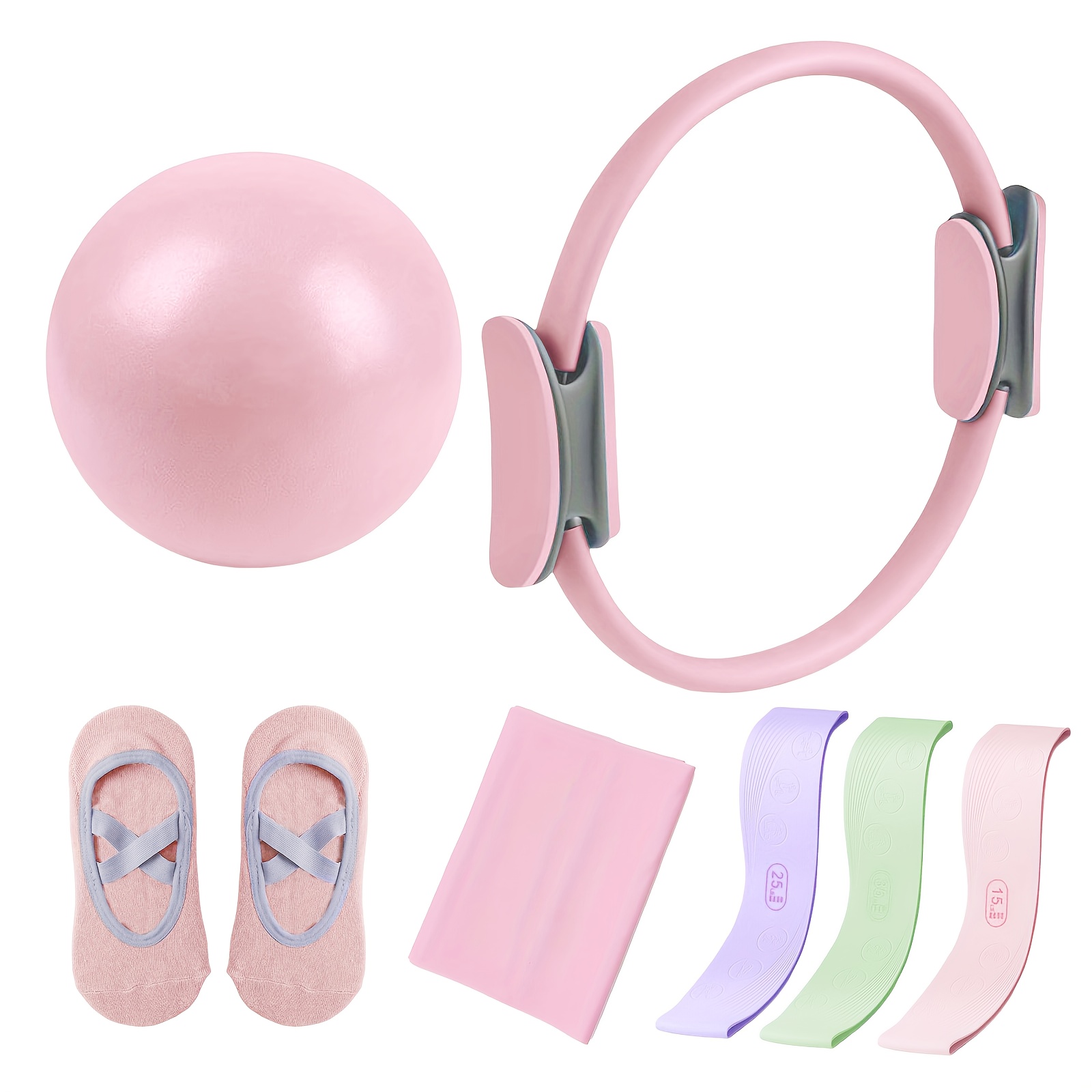 TEMU 1 Set Of - Portable Fitness Equipment - Includes Adjustable Pilates Ring, Long Resistance Band, Soft Pilates Ball, And Pilates Grip Socks,