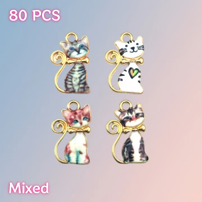 TEMU 80pcs Multicolor Cute Kitten Charms - Alloy Pendants For Making, 6 Adorable Cat Designs With Unique Print Patterns, Lightweight Durable Craft