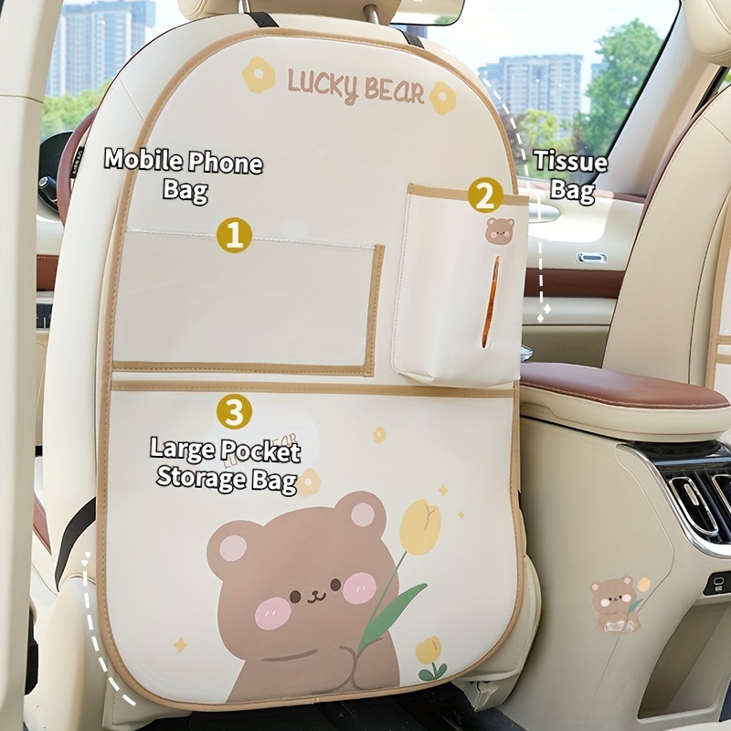 Cute Bear & Bunny Car Organizer - Multi-Functional Seat Back Storage with Trash Bin, Tissue Holder, Cup & Phone Slots, Durable Faux Leather, Easy Clean - Perfect Holiday Gift details 18