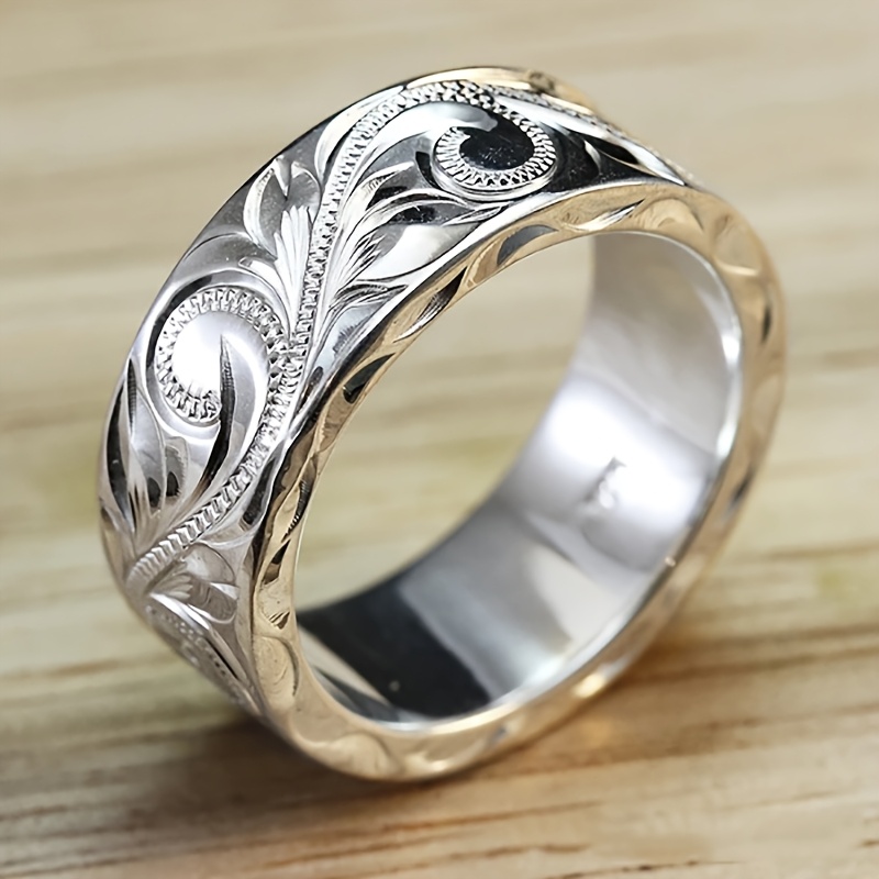 TEMU Carved Floral Wreath Halo Bohemian Broadband Vintage Jewelry, Men's Ring, Men's Jewelry High-quality Ring, Men's Jewelry, Ring, Vintage Ring, ,