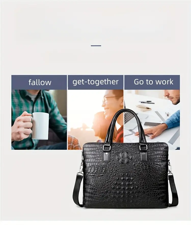 mens crocodile pattern briefcase black with embossed paw print adjustable shoulder strap detachable crossbody option secure closure stylish business handbag for laptops and documents Product details 1