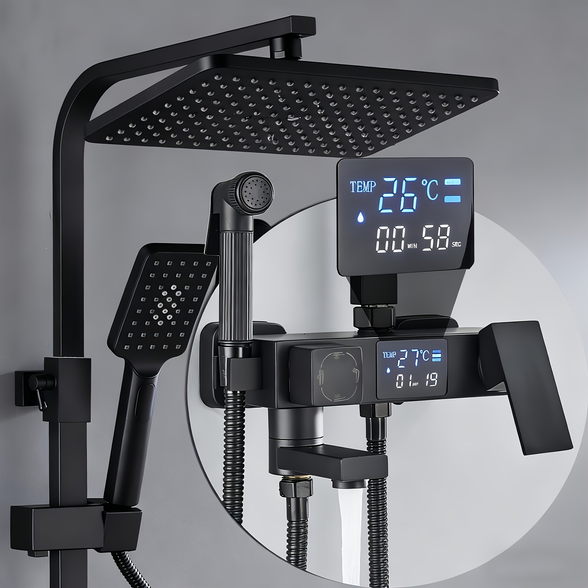 Image of Thermostatic Shower Fitting, Rain Shower With Fitting, Black Stainless Steel Multifunctional Shower Systems, Height-adjustable Shower , 80-120 Cm