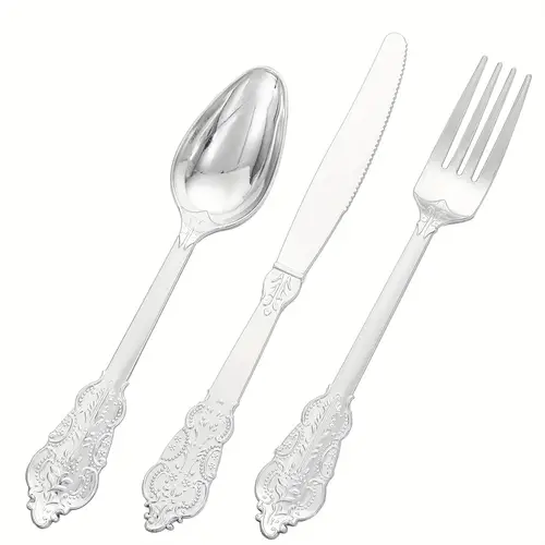 300pcs silverware set cutlery heavyweight silver disposable flatware 100forks 100knives 100spoons for parties dinners weddings