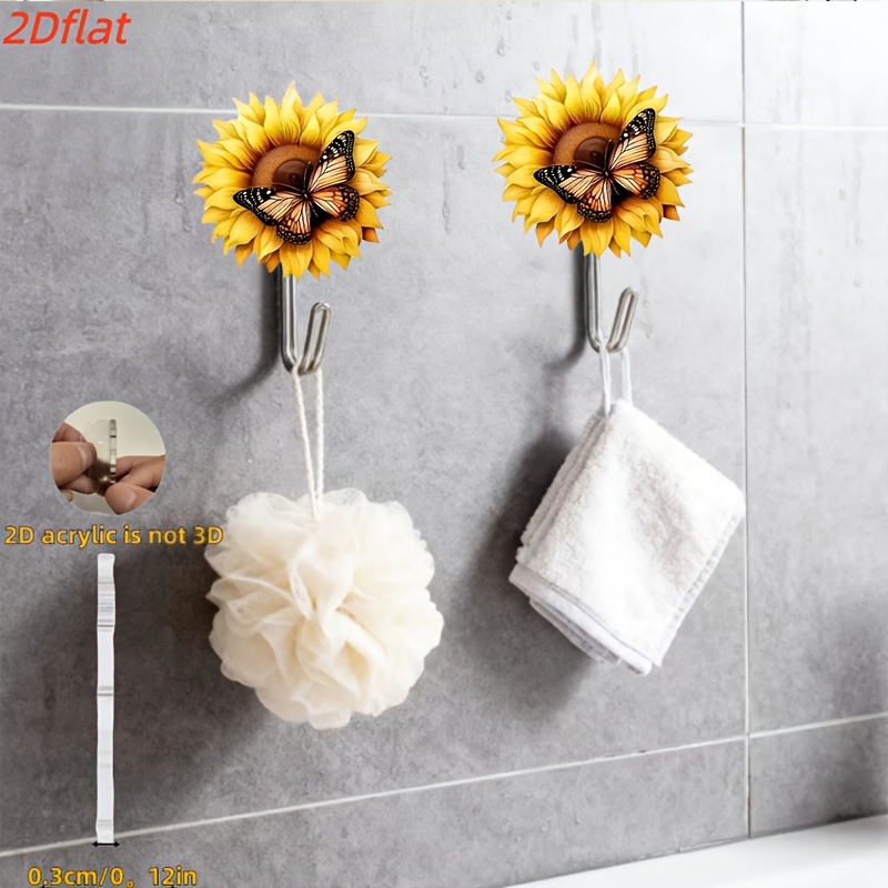 TEMU 2d Flat -2pcs Sunflower Acrylic Hooks - No Drilling, Strong Adhesive & Bathroom Hook, , Fashionable Design For Kitchen, Bathroom, Living Room
