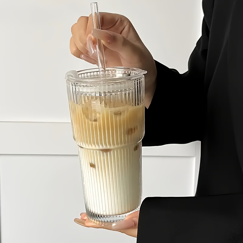 E-shop 3 Stück (Becher+Deckel+Strohhalm) Glas-Kaffeebecher mit Deckel Strohhalm, 550ml-600ml Trinkbecher, Glasbecher mit Deckel, Kaffeebecher,