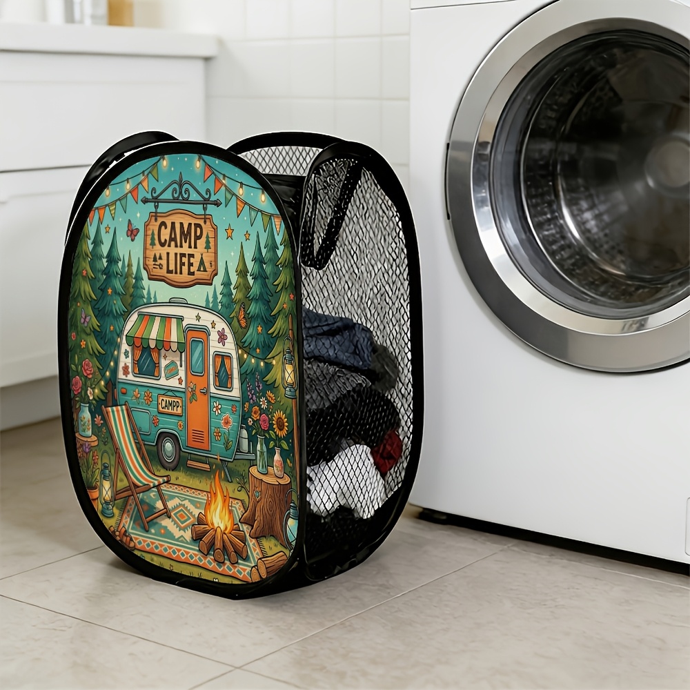 TEMU 1pc Cozy Illustration Pop-up Laundry Hamper, And Campfire Pattern Foldable Mesh Collapsible Storage Basket, Suitable For Bathroom And Bedroom