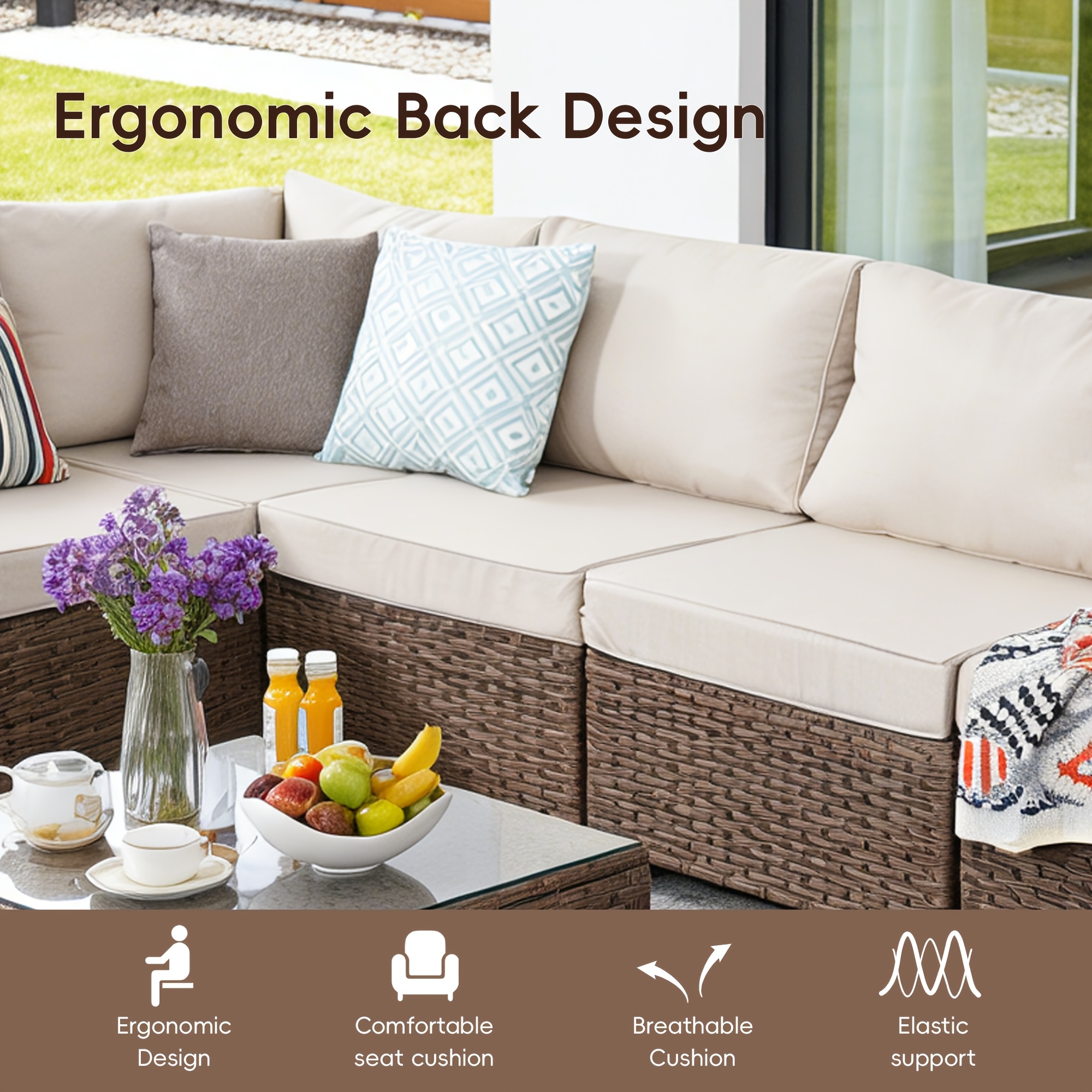 RAISED Patio Furniture Set, 2piece/3piece/4piece/6piece Wicker Outdoor Patio Furniture Sets with Cushions And Coffee Table, Outdoor Sectional Boho Patio Conversation Set Sectional Sofa for Backyard, Porch, Beige/Blue