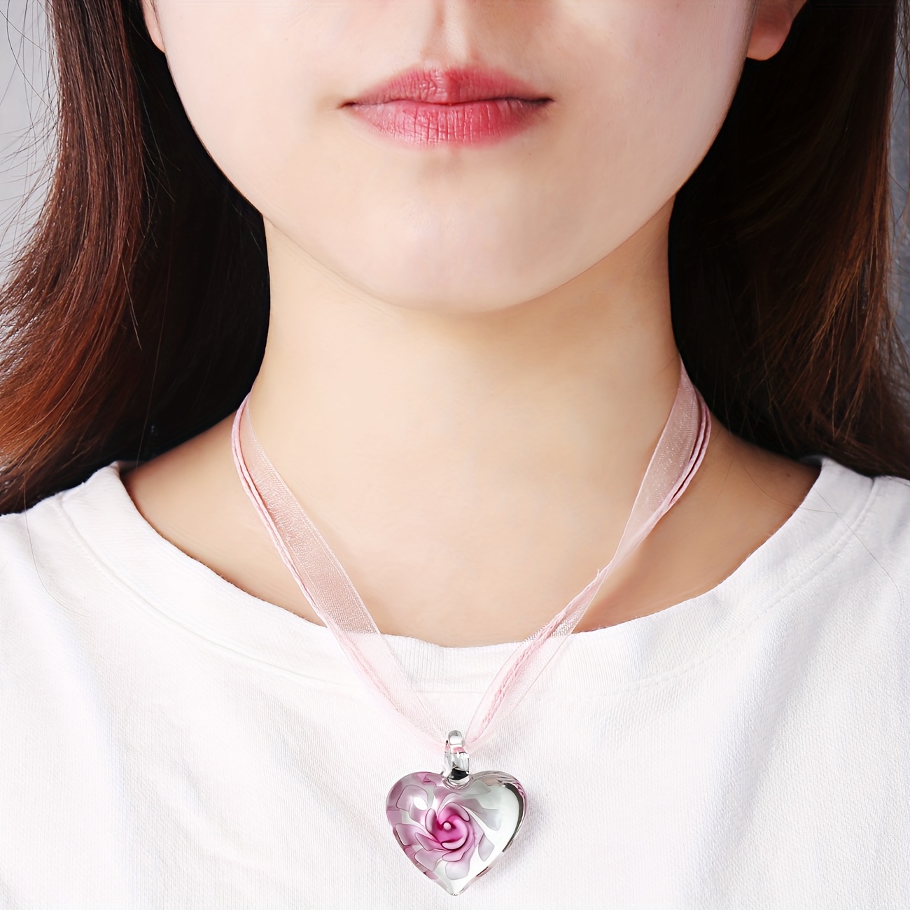 

Handmade Glass Necklace, Pink Inner Pendant Ribbon Rope Female Necklace