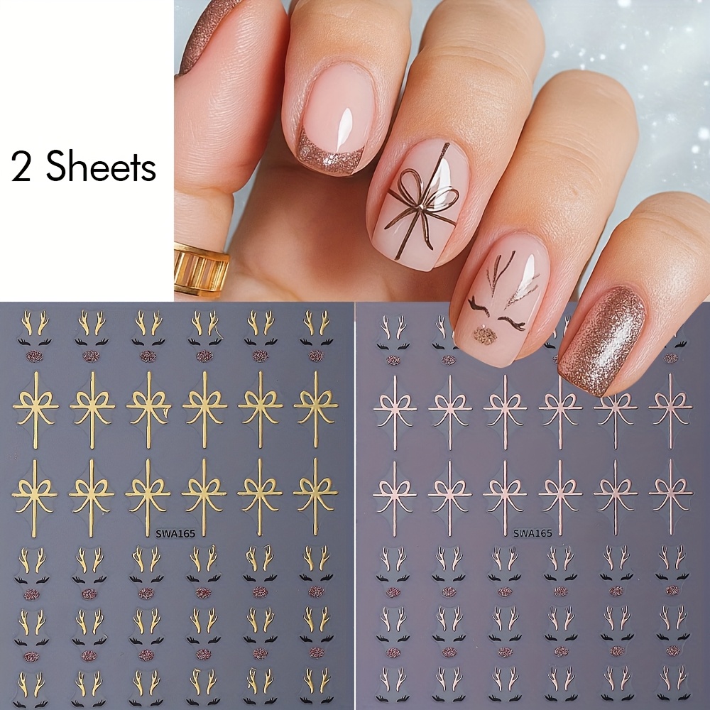 2pcs Golden 3d Christmas Nail Art Stickers Bowknot Cute Elk Deer Glitter Antler Nail Art Stickers Manicure Decorations Nail Declas Nail Additions Festive Nail Design