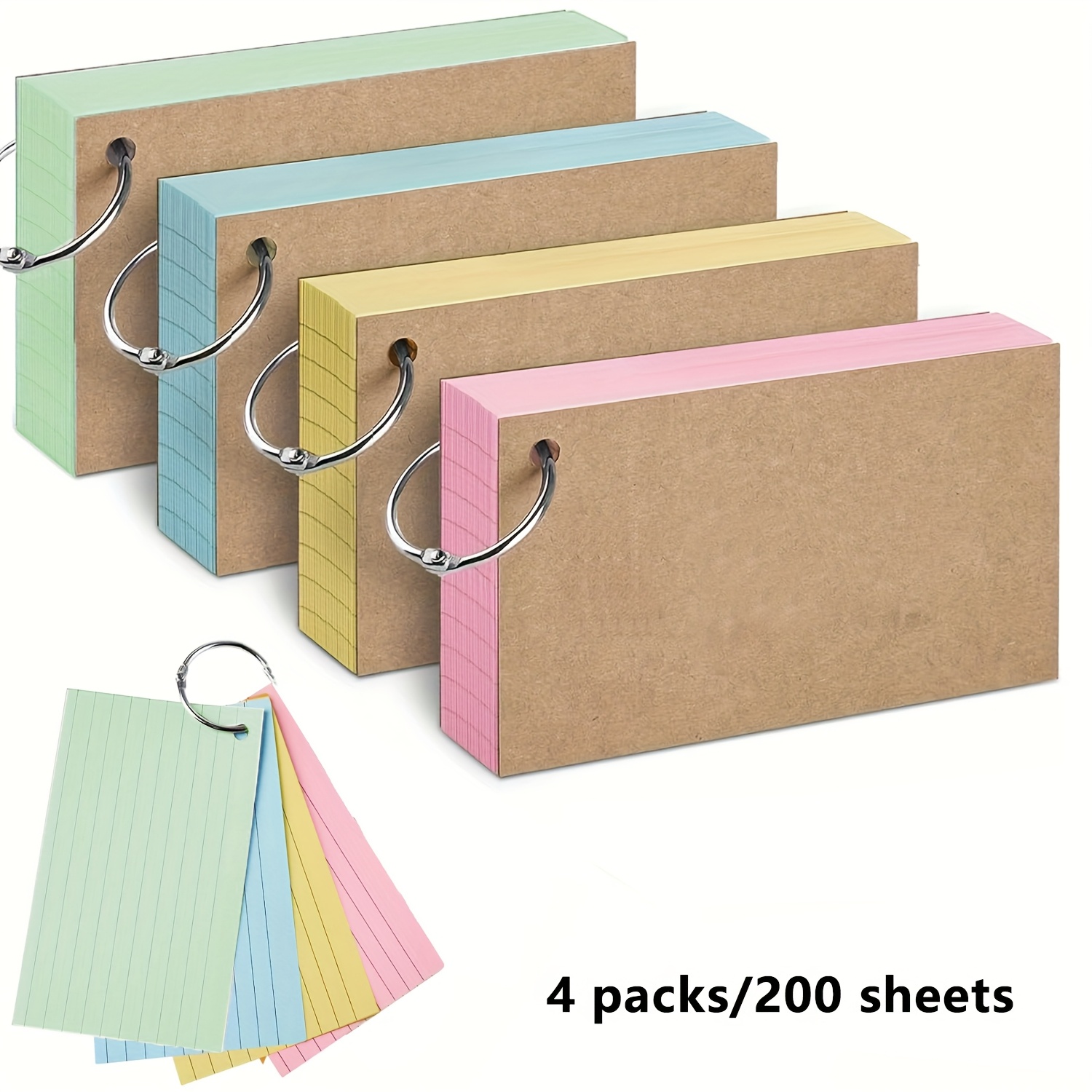 E-shop 4er-Pack/200 Blatt farbige Index-Klebezettel, 3x5 Zoll Lernkarten mit Ringen, doppelseitig linierter Notizblock, Lernkarten, Lernkarten,