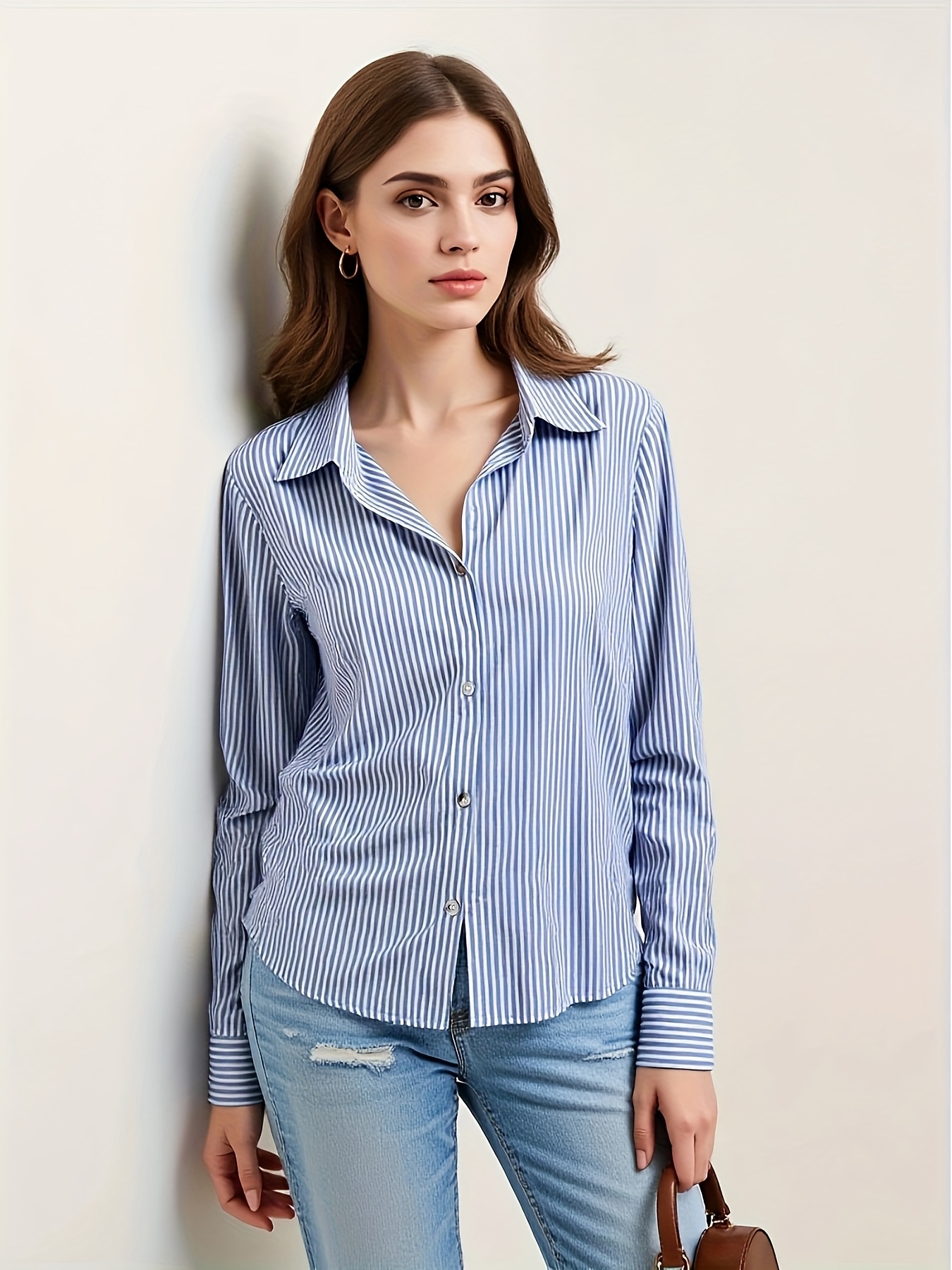 Elegant Striped Button-Up Shirt for Women - Chic Long Sleeve, Lightweight Polyester Blend, Versatile Blue with White Stripes, Ideal for Spring/Summer