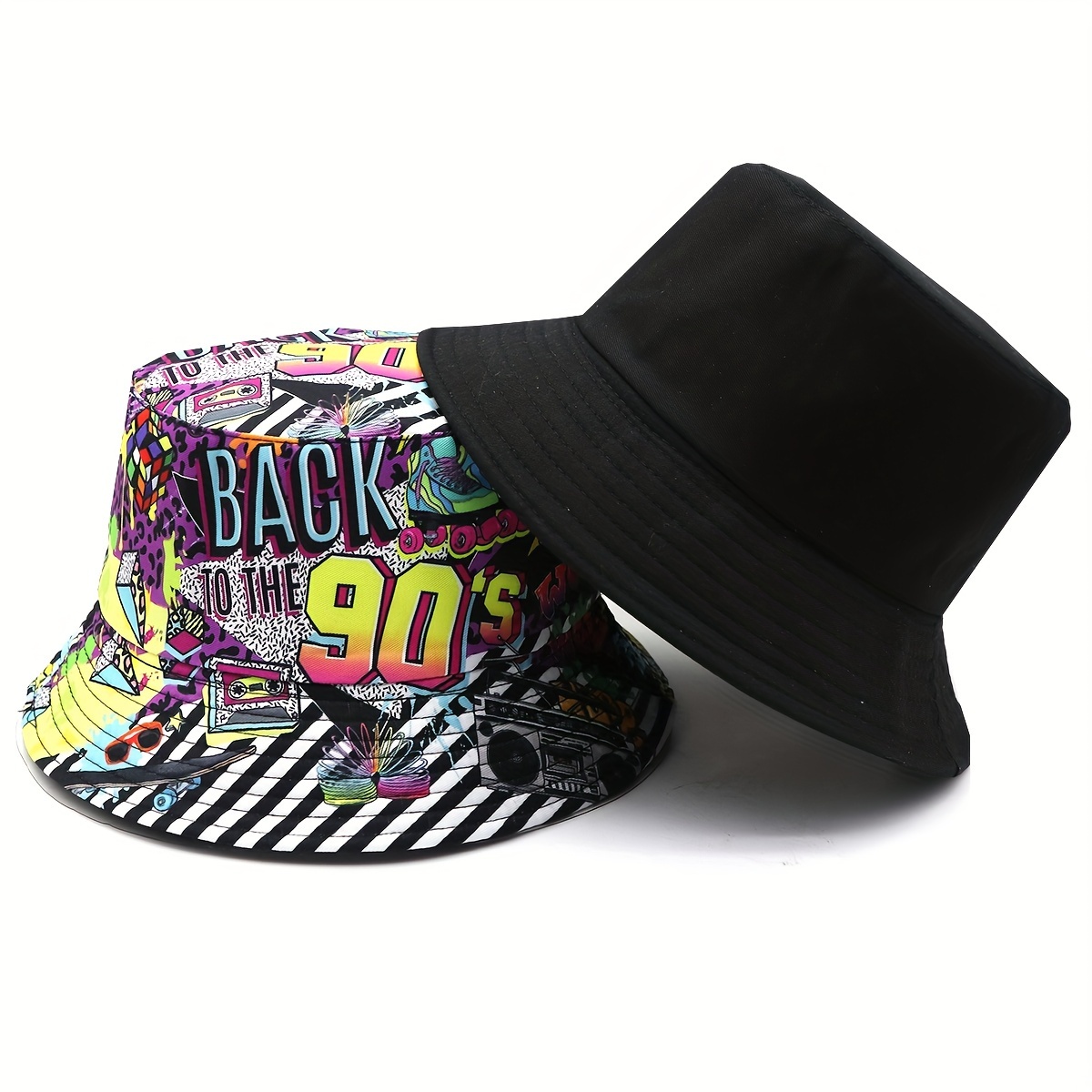 90s graffiti print retro hip hop style double sided bucket hat for men and women details 3