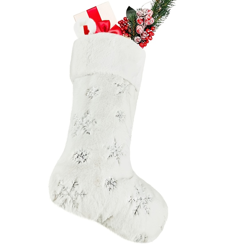 TEMU Custom Embroidered Christmas Stocking, Santa Claus Gift Candy Christmas Stocking, Plush Christmas Stocking With Golden Snowflakes, Sparkling And