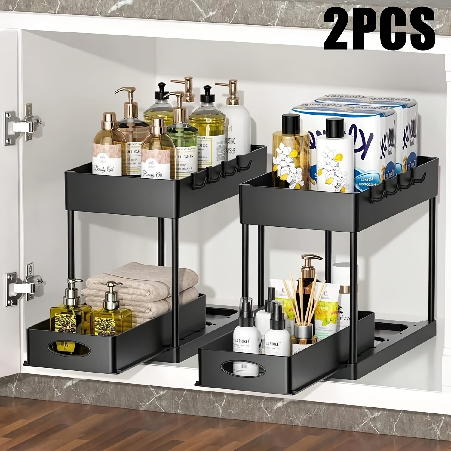 TEMU 2pcs Sink Storage Rack With Sliding Shelves - Durable Pull-out Cabinet Storage Rack, Suitable For Bathrooms And Kitchens, Space-saving Storage