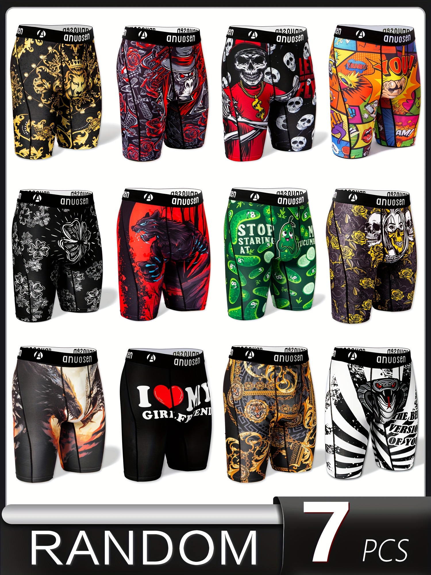 7pcs mens long boxer briefs breathable stretchy moisture wicking sports trunks with unique print skulls cartoons flowers more ideal valentines gift for boyfriend fits all sizes