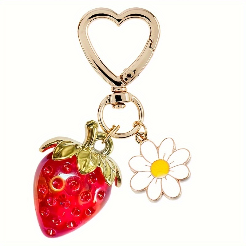 

Strawberry & Daisy Heart Keychain - Acrylic, Lobster Clasp, Bags & Backpacks - Ideal Birthday Gift For Her