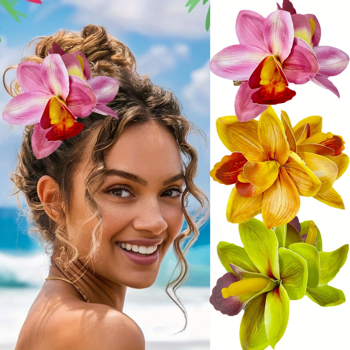 

Bohemian Style Fabric Flower Hair Clip - Cute Tropical Bridal Headpiece - Oblong Duckbill Side Hairpin For Weddings, Beach Parties - Single Piece, Solid Color, Suitable For Ages 14+