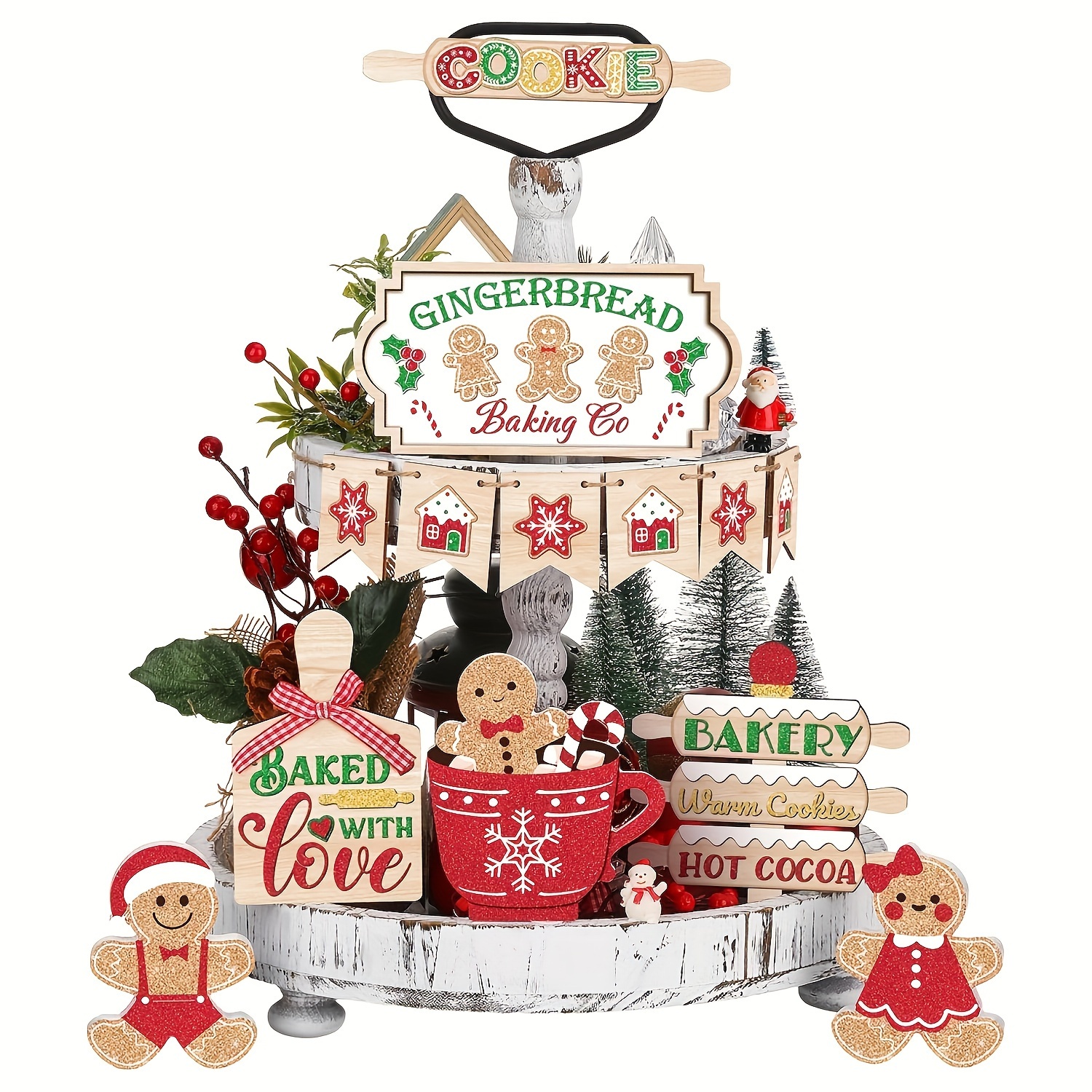 

13pcs Christmas Tiered Tray Decor Set - Rustic Wooden Signs With Gingerbread, Snowman & Santa - Holiday Parties & Kitchen