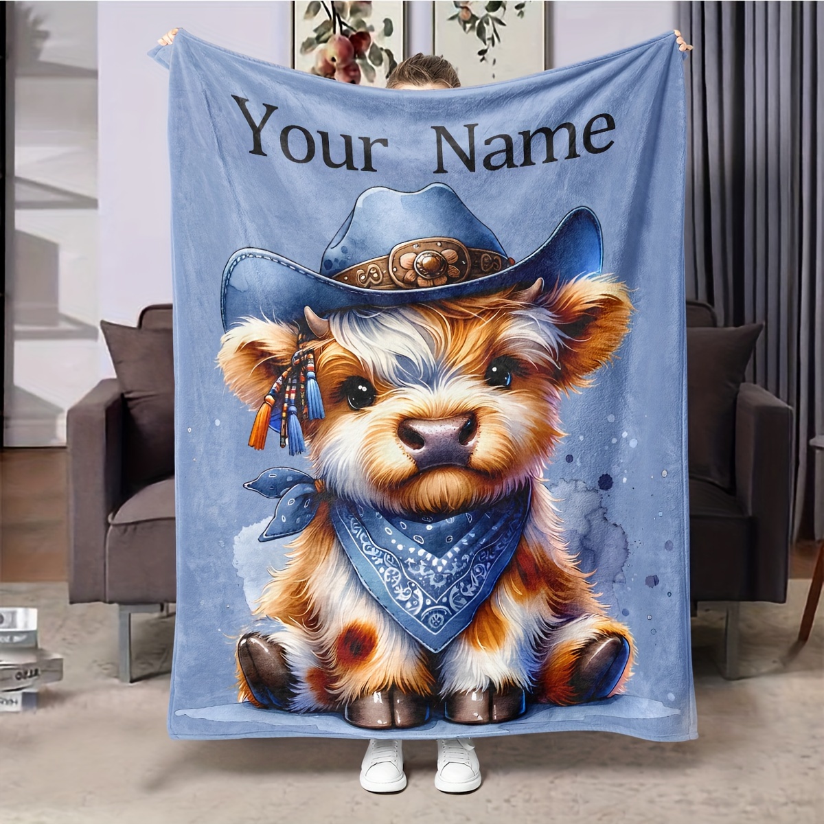 

Personalized Highland Cow Sherpa Throw Blanket With Cowboy Hat Print - Custom Name Flannel Fleece, Soft Warm Multipurpose For Couch, Bed, Office, Camping, Travel - Unique Gift