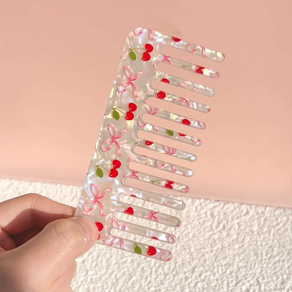 TEMU Cute Floral Cherry Wide Tooth Comb Set For Women - Anti-static Acrylic Hair Comb With (/cherry/rose) For Daily Styling & Detangling