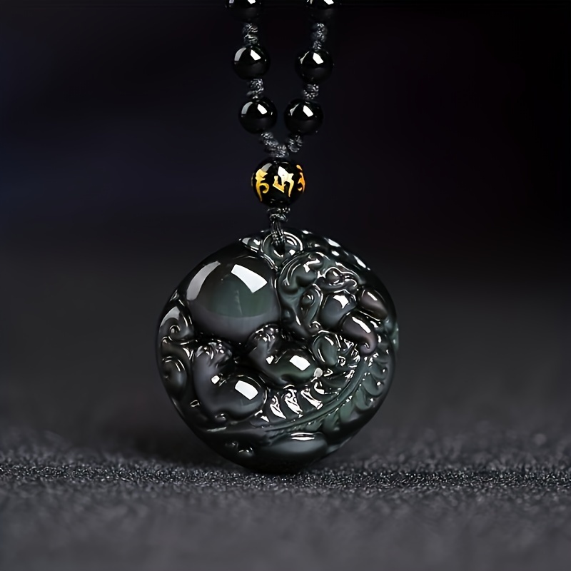 

1 Pc Avant-garde Obsidian Rainbow Eye Pixiu Pendant - Lucky Protection, Wealth Amulet, Unisex Necklace, No Plating