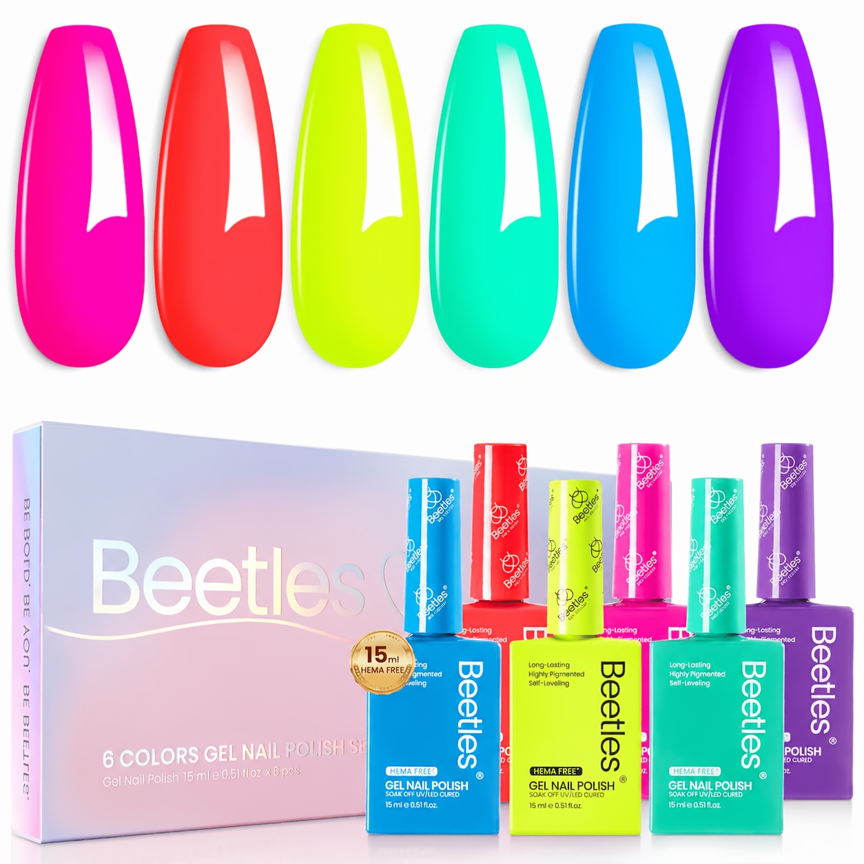 TEMU Beetles Gel Polish Neon Bubbles - 6 Colors Gel Nail Polish Set Free Full Size Neon Hot Yellow Blue Purple Green Soak Off Led Home Manicure Salon
