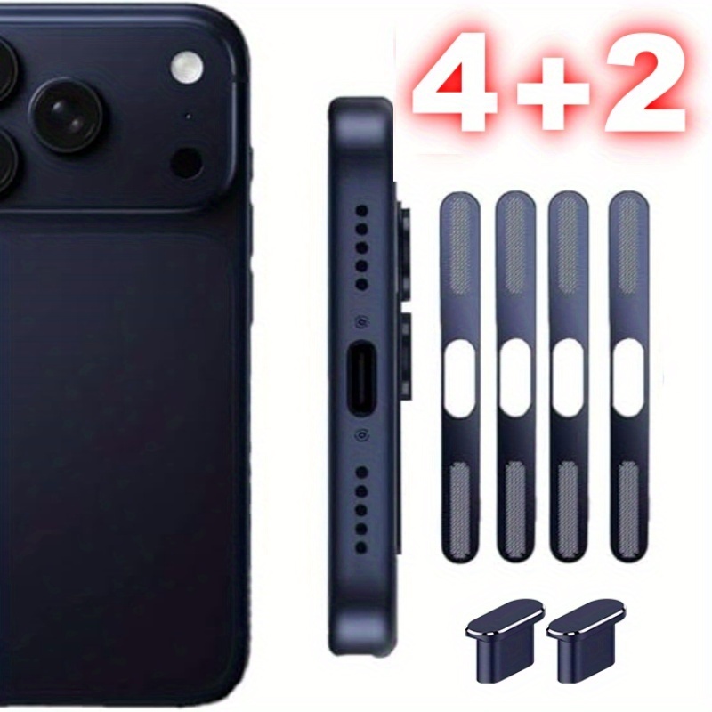 TEMU 6-pack (4+2) Phone Dust Sticker+dust Plug For Iphone 17 Pro/promax Metal Phone Power Plug For Iphone