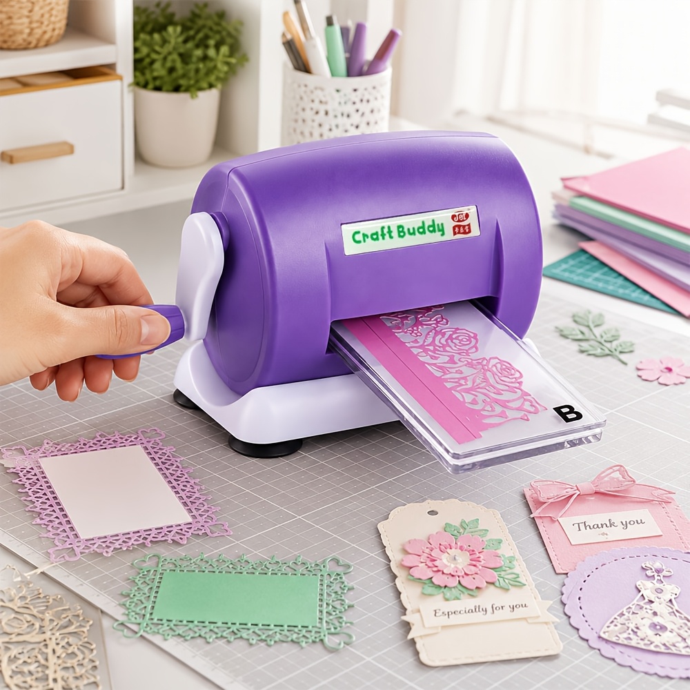 TEMU Purple Mini Manual Die Cutting And Embossing Machine, 3-inch Opening Craft Cutter With A And B Cutting Plates, Non-slip Suction Feet And Handle