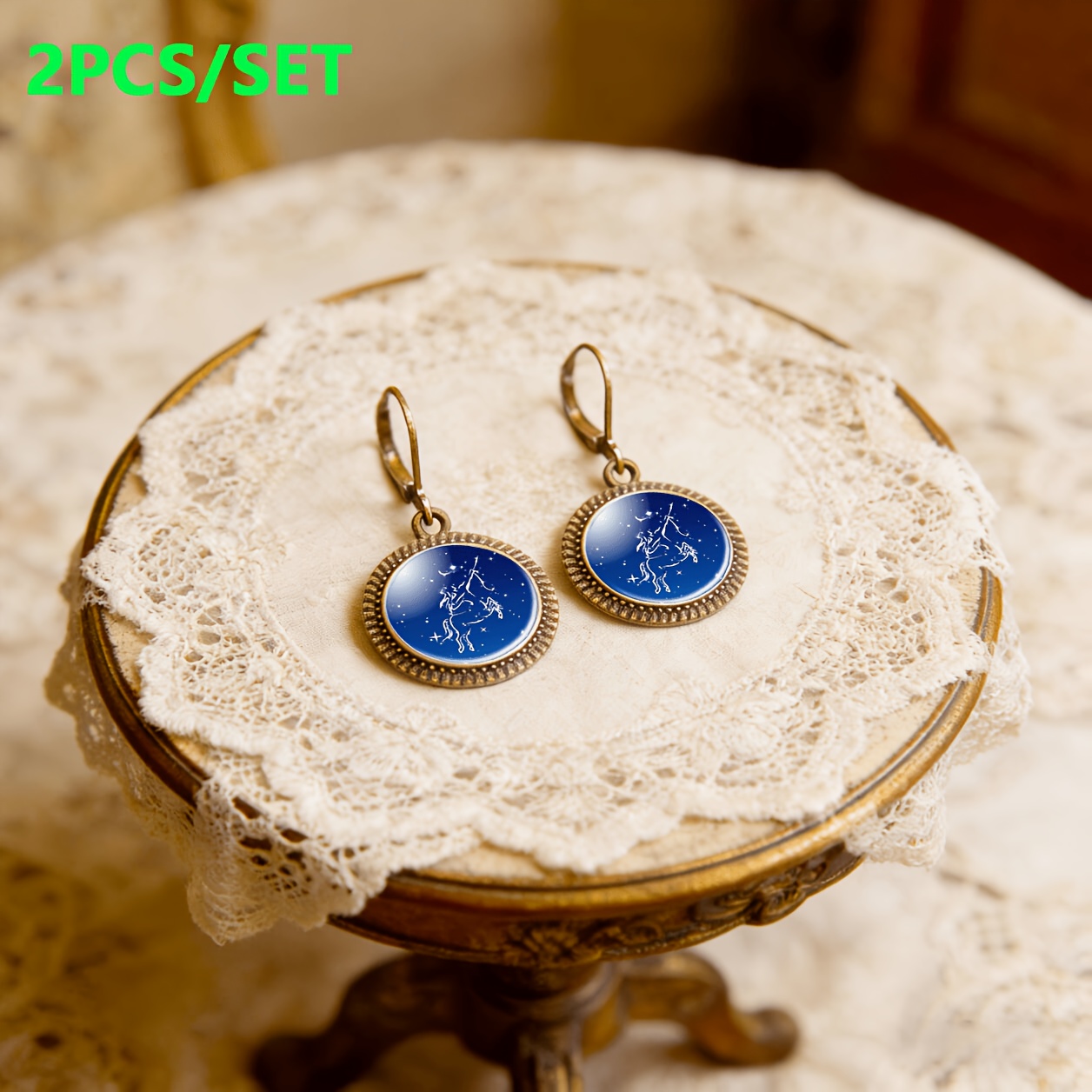 2pc Blue Classic Pendant Earrings Set, Unicorn Silhouette Design