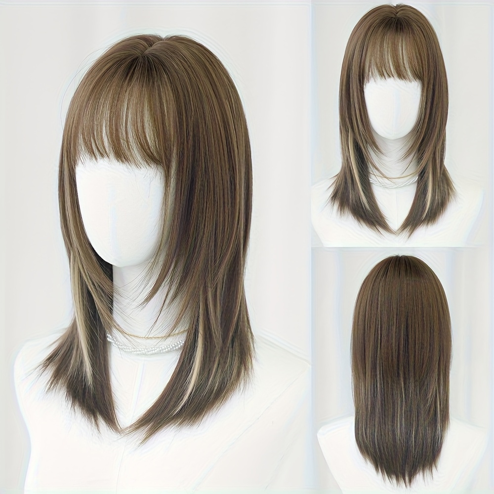 TEMU A Straight Brown Wig With Beige Highlights, Designed For Women, Suitable For Everyday Wear. This Modest Fashion Piece Features Warm Brown Tones,